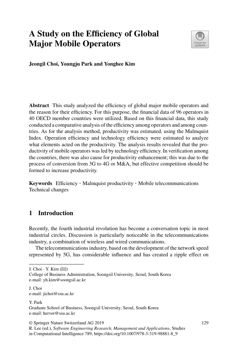 A Study on the Efficiency of Global Major Mobile Operators — 원문 첫 페이지