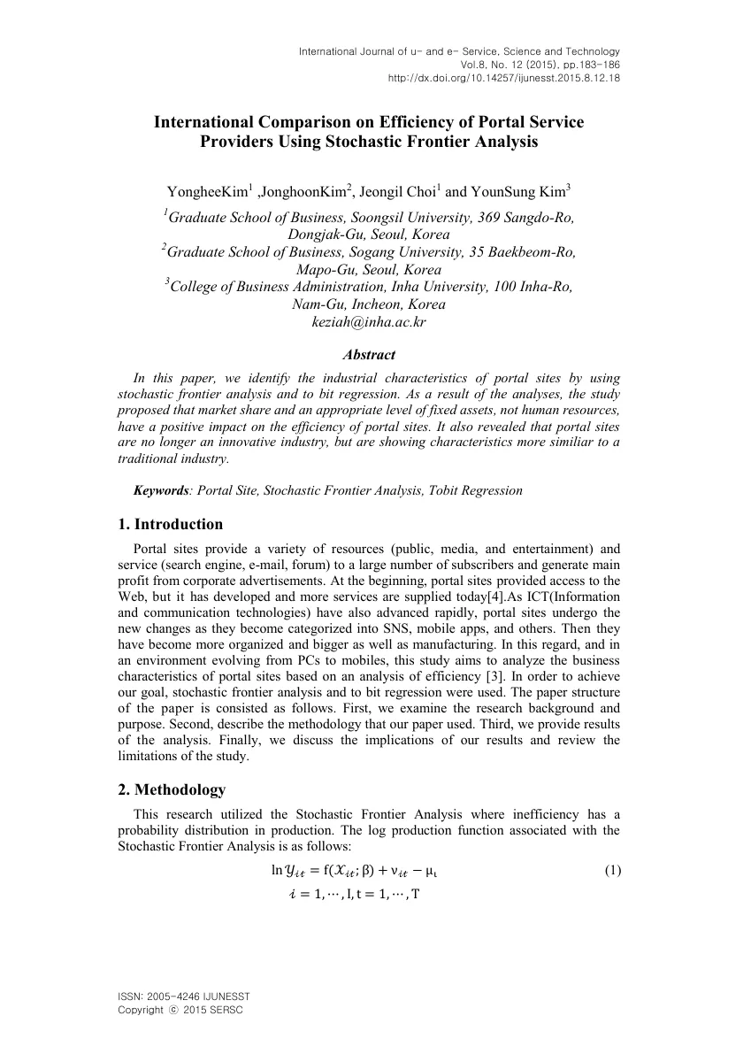 International Comparison on Efficiency of Portal Service Providers Using Stochastic Frontier Analysis — 원문 첫 페이지
