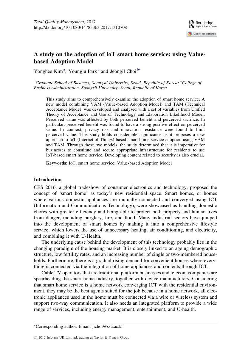 A study on the adoption of IoT smart home service: using Value-based Adoption Model — 원문 첫 페이지