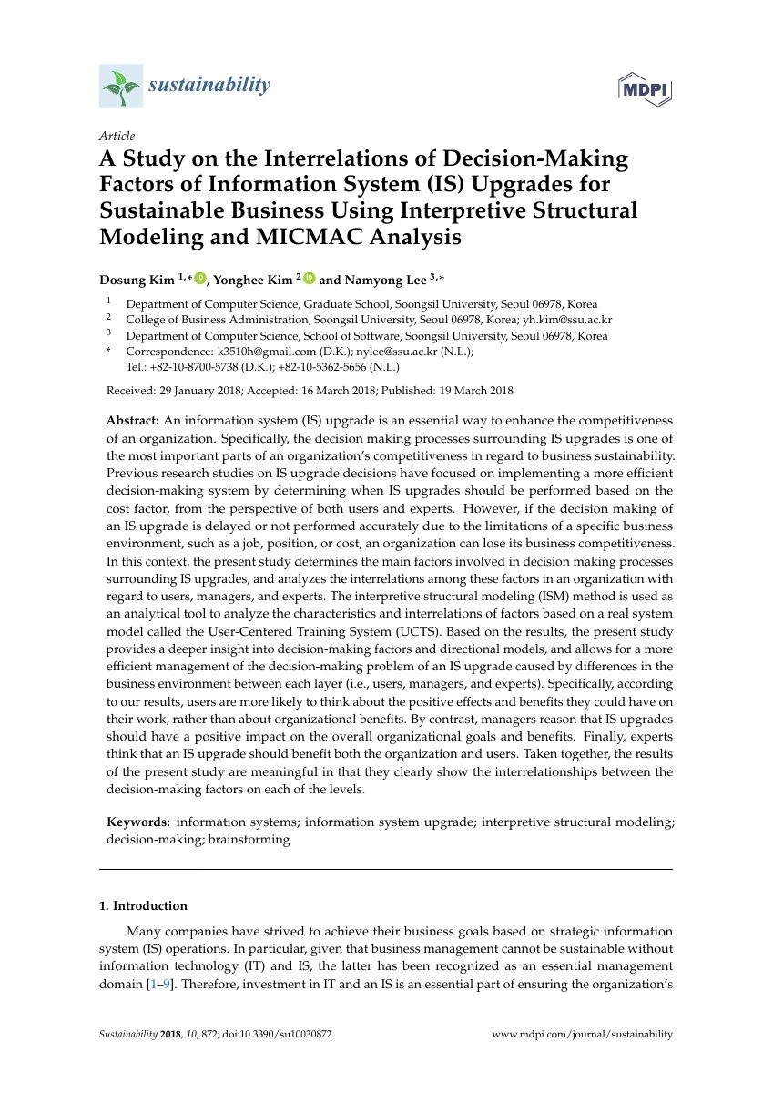 A study on the interrelations of decision-making factors of information system (IS) upgrades for sustainable business using interpretive structural modeling and MICMAC analysis — 원문 첫 페이지