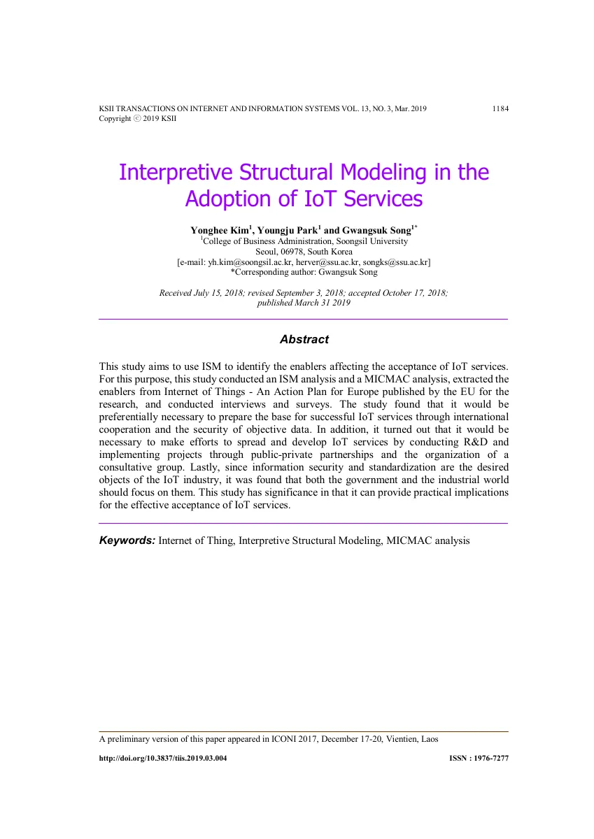 Interpretive Structural Modeling in the Adoption of IoT Services — 원문 첫 페이지