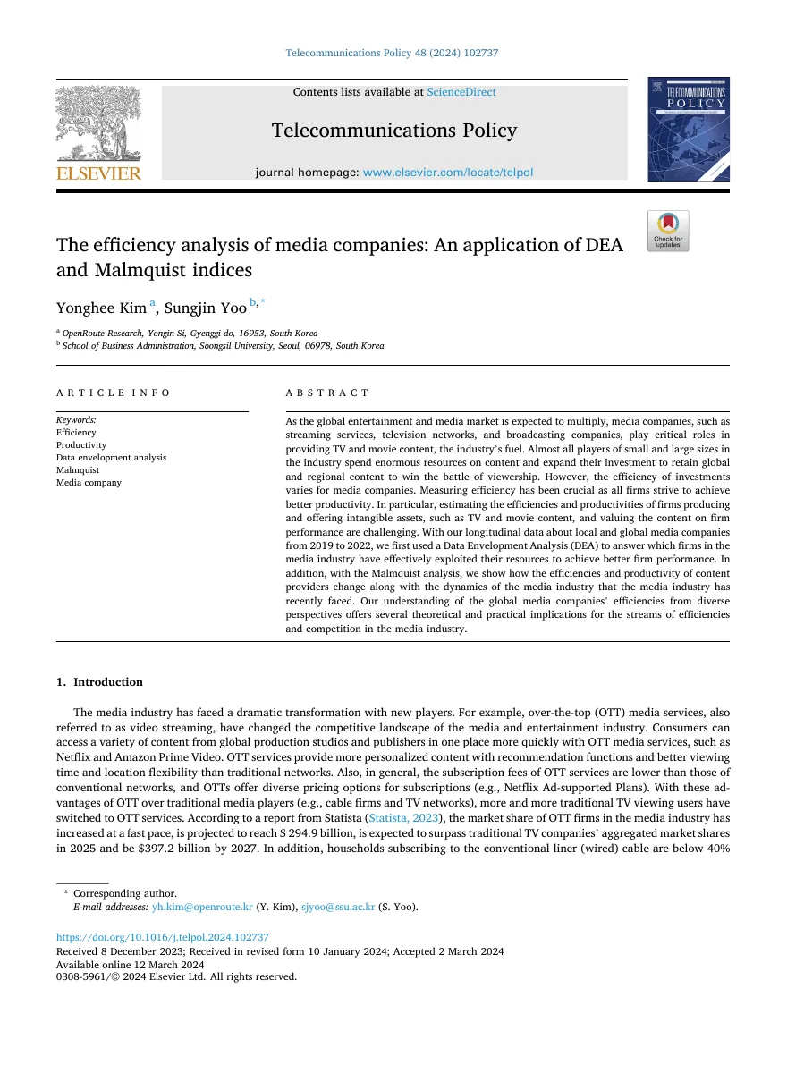 The efficiency analysis of media companies: An application of DEA and Malmquist indices — 원문 첫 페이지