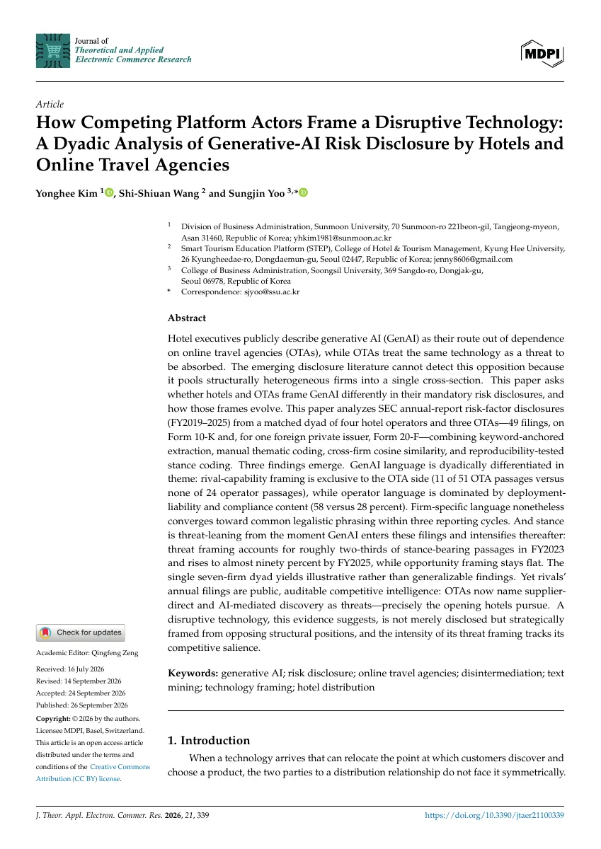 How Competing Platform Actors Frame a Disruptive Technology: A Dyadic Analysis of Generative-AI Risk Disclosure by Hotels and Online Travel Agencies — 원문 첫 페이지