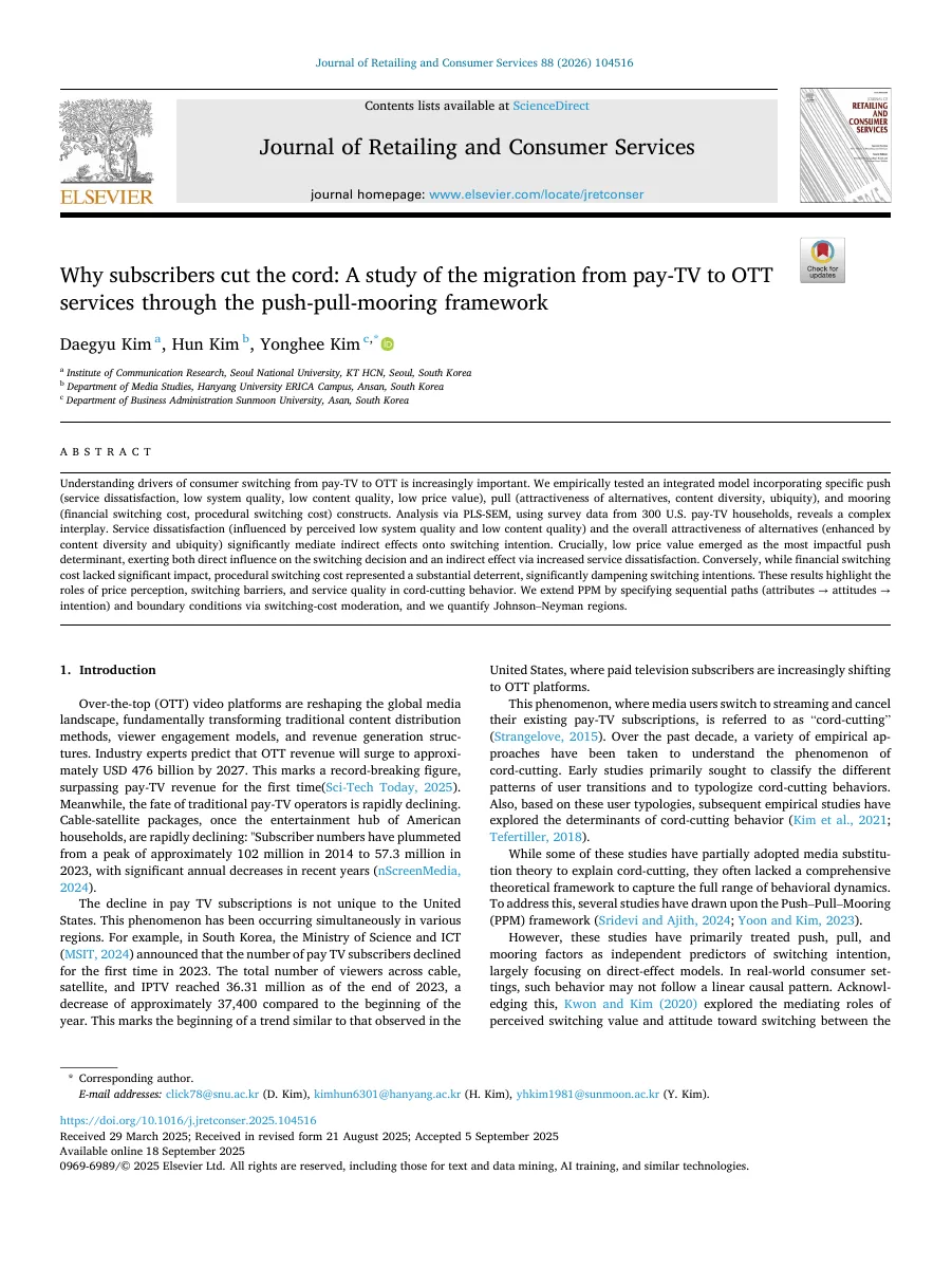 Why subscribers cut the cord: A study of the migration from pay-TV to OTT services through the push-pull-mooring framework — 원문 첫 페이지