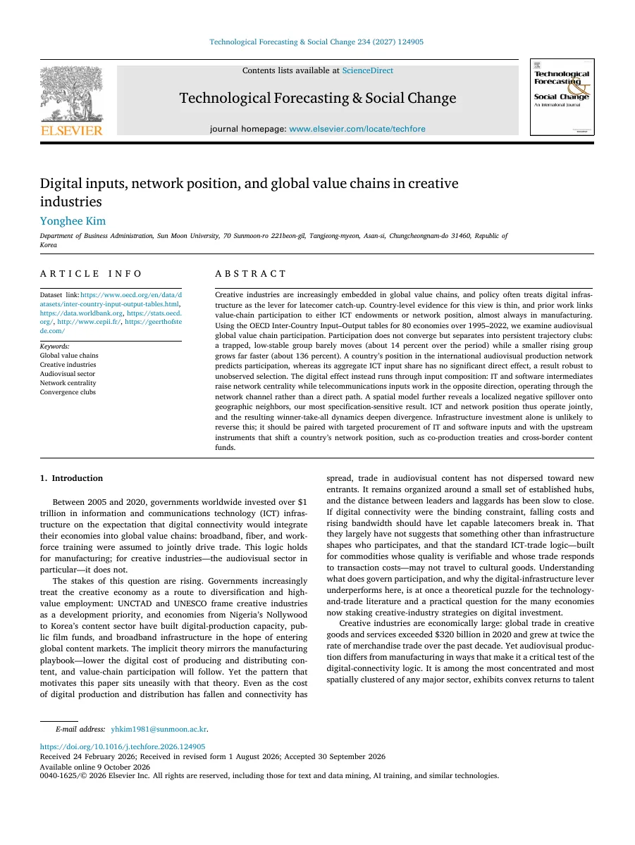 Digital inputs, network position, and global value chains in creative industries — 원문 첫 페이지